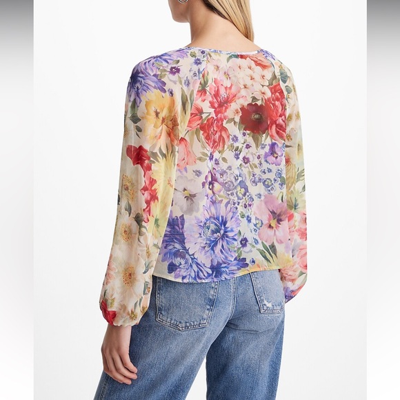 Express Floral Sheer Smocked Balloon Sleeve Button Up Shirt - Picture 2 of 9